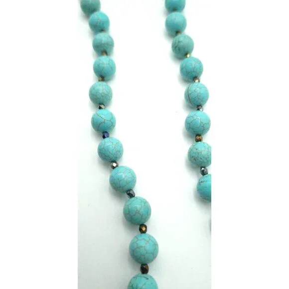 Turquoise Howlite Beaded Necklace With Silver Toggle Clasp Designer Gemstone - Picture 3 of 8